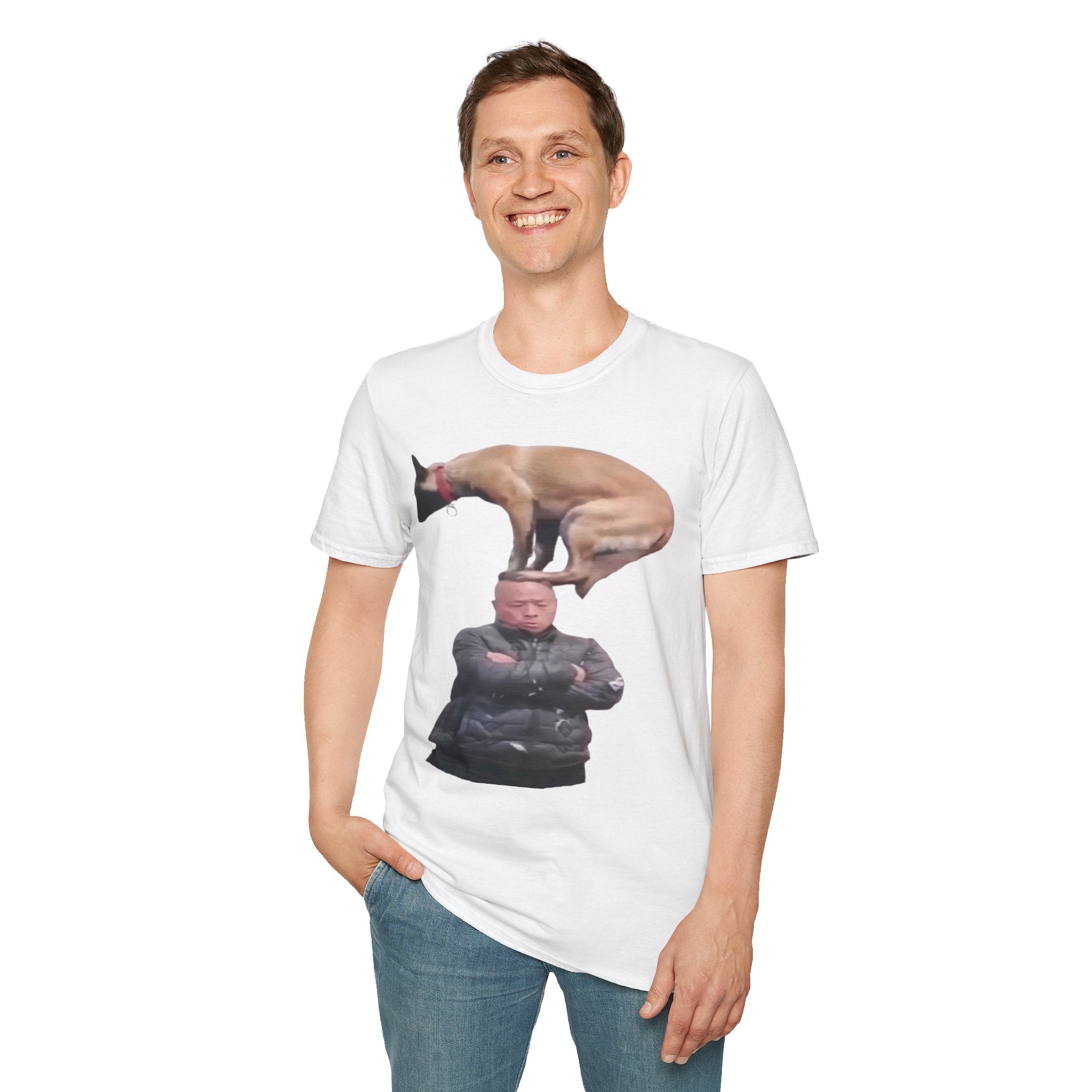 Funny Dog Balancing On Mans Head Meme Shirt